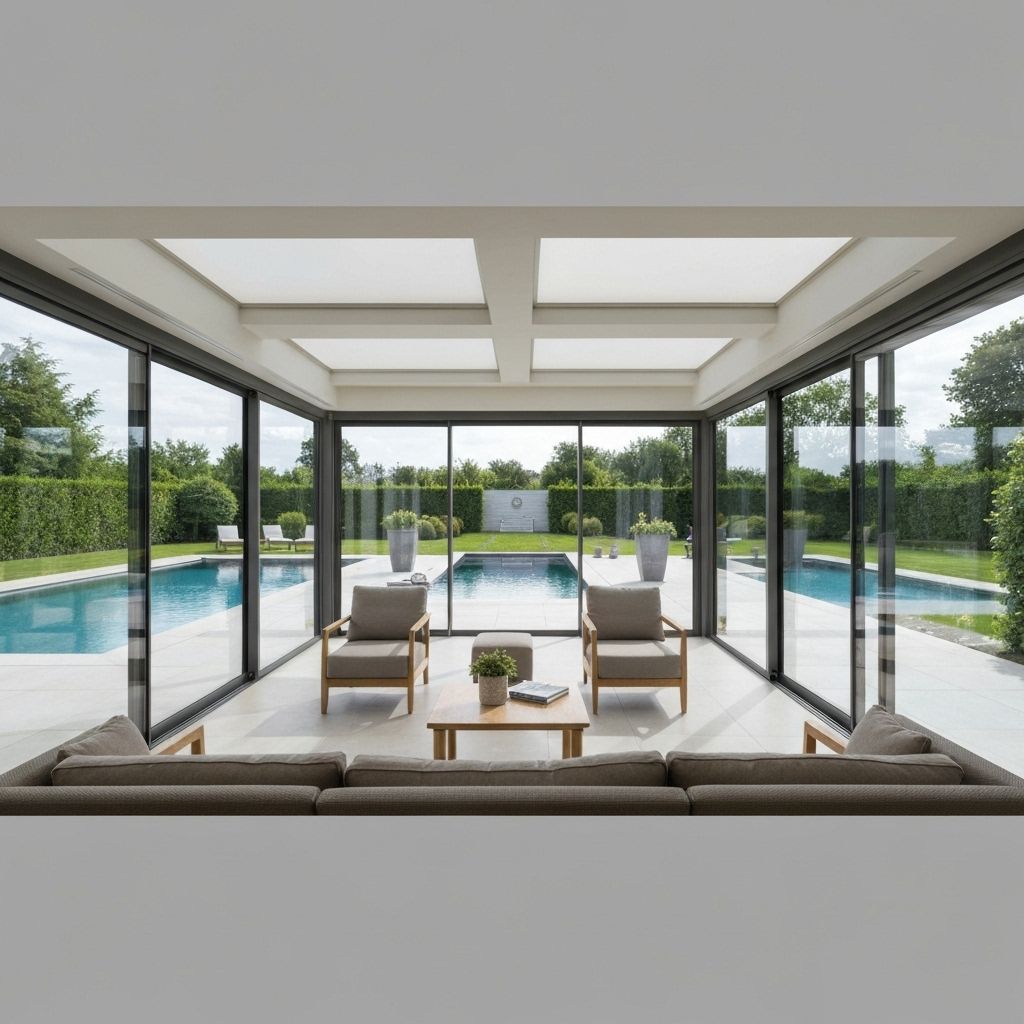 Beautiful sunroom with glass walls and modern furniture